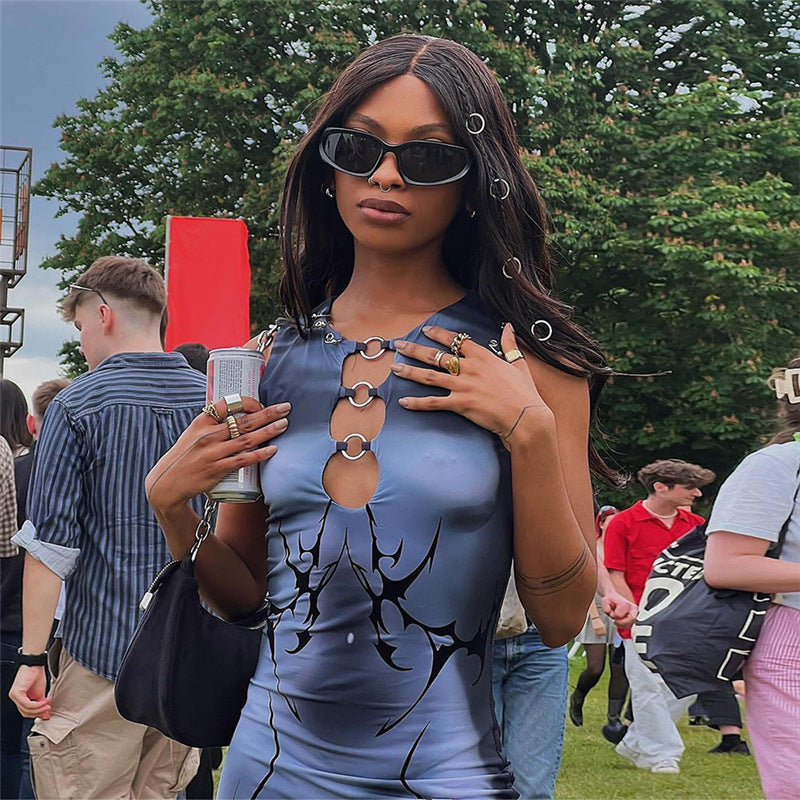 European And American 3D Creative Digital Printing Sleeveless Pullover High Waist Slim Dress Women