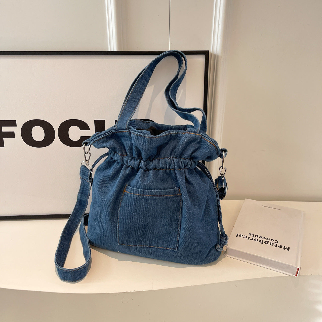 Drawstring Bundle Women's Denim Crossbody Bag