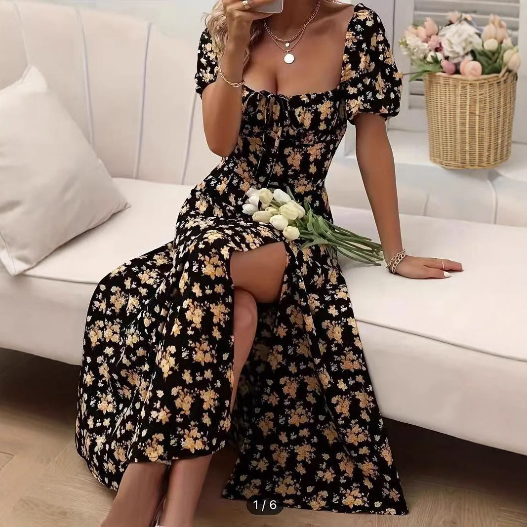 Floral Print Short Sleeve Split Dress Summer Fashion Lace-up Beach Long Dresses Women's Clothing AuraRitmo