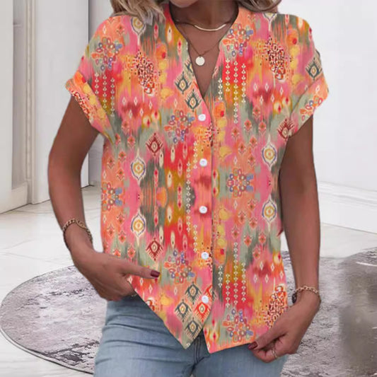Cross-border European And American Printed Button V-neck Short-sleeved Top Women's Clothing