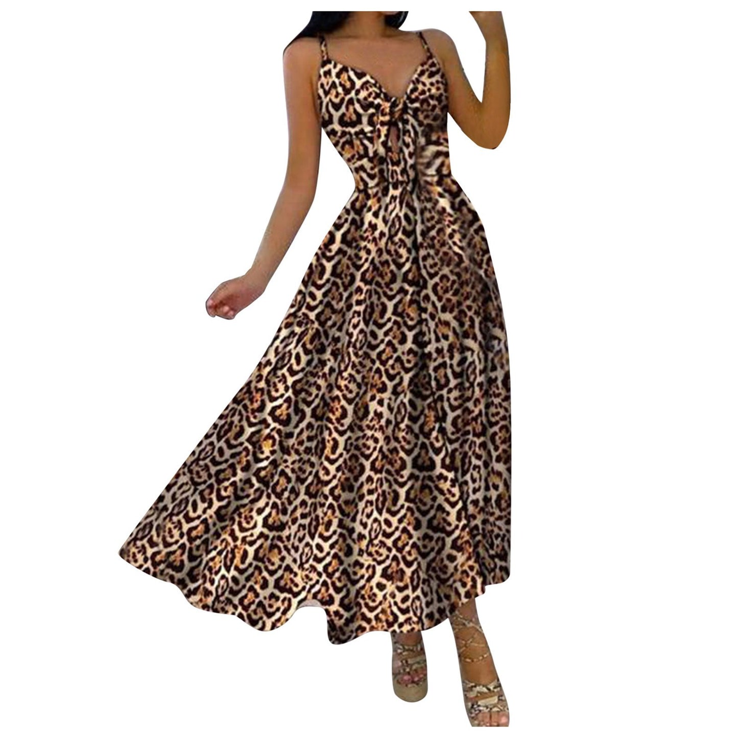 New V-Neck Lace-Up Waist Full-Length Floral Sexy Sling Dress Long Skirt Women