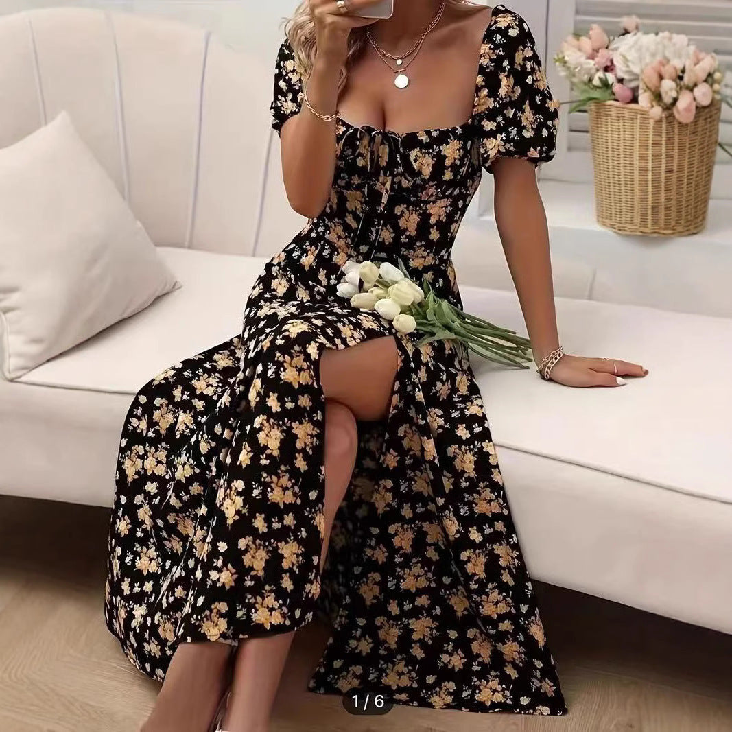Floral Print Short Sleeve Split Dress Summer Fashion Lace-up Beach Long Dresses Women's Clothing AuraRitmo