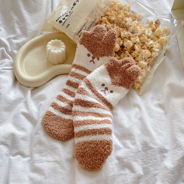 Womens Thickened Winter Warm Coral Fleece Japanese Mid Tube Socks