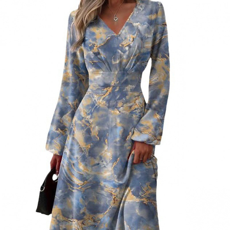 Women's Fashionable Printed V-neck Long Sleeved Dress