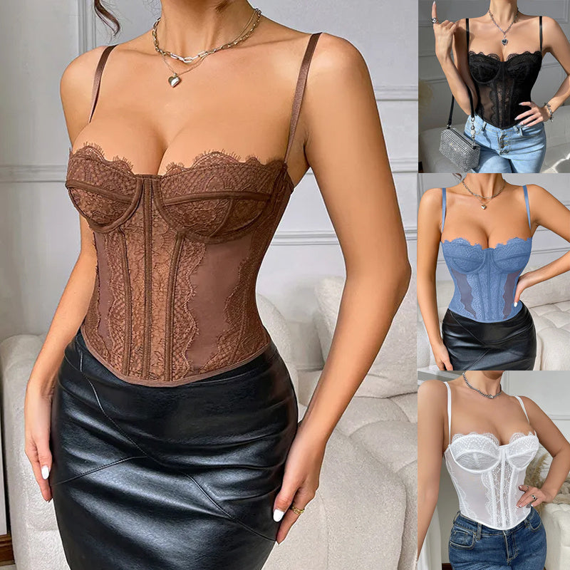 Women Tanks Lace Spaghetti Strap Top Summer Sleeveless Tops Open Back Bone Corset Bustier Sexy Slim Lingerie Bodyshaper Camisole AuraRitmo