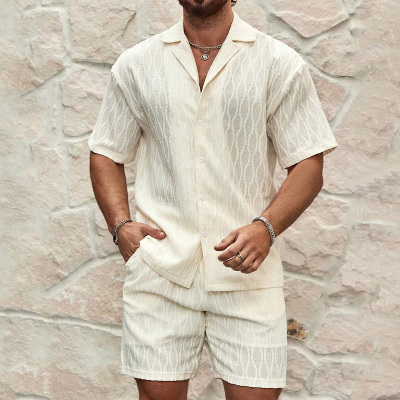 Men Tracksuits Summer Fashion Solid Loose Casual Two Pieces Lapel Button Shirt Shorts Beach Holiday All-match Outfits Male AuraRitmo