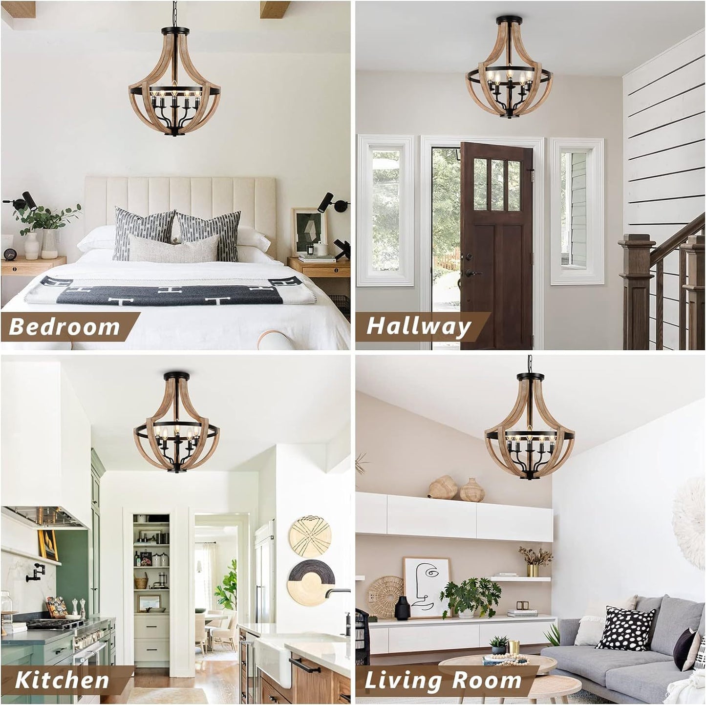 Solid Wood Modern Chandelier For Dining Room, Living Room, Kitchen, Island, Bedroom, Foyer, Height Adjustable, Brown Unavailable Platforms- Welfel