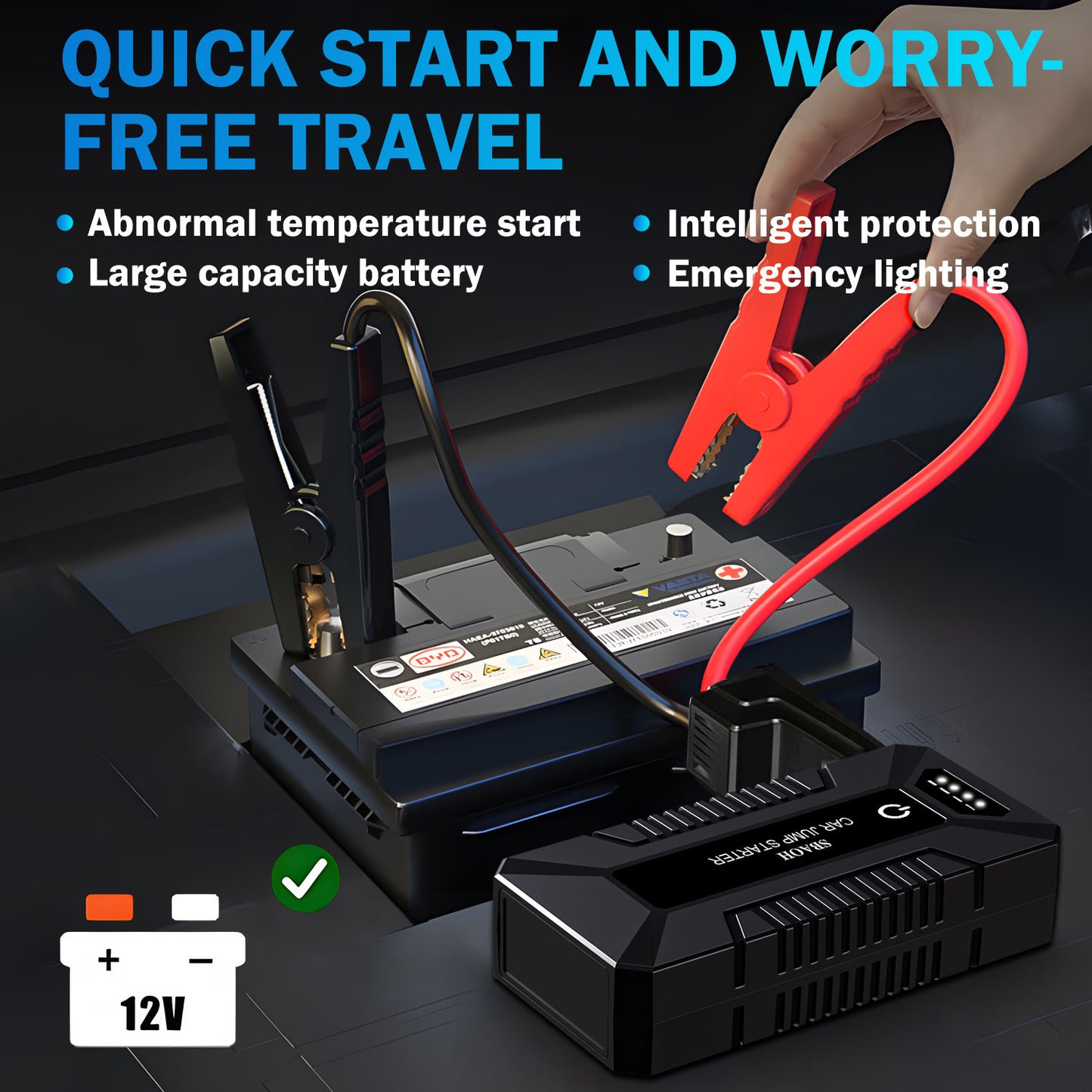 Portable Charger And Jumper Cables,Battery Booster,12V Jump Starter Battery Pack