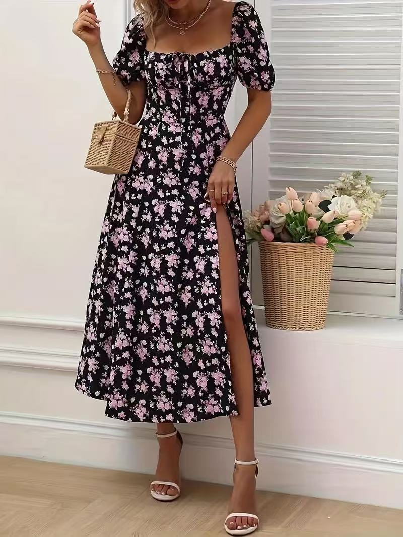 Floral Print Short Sleeve Split Dress Summer Fashion Lace-up Beach Long Dresses Women's Clothing AuraRitmo