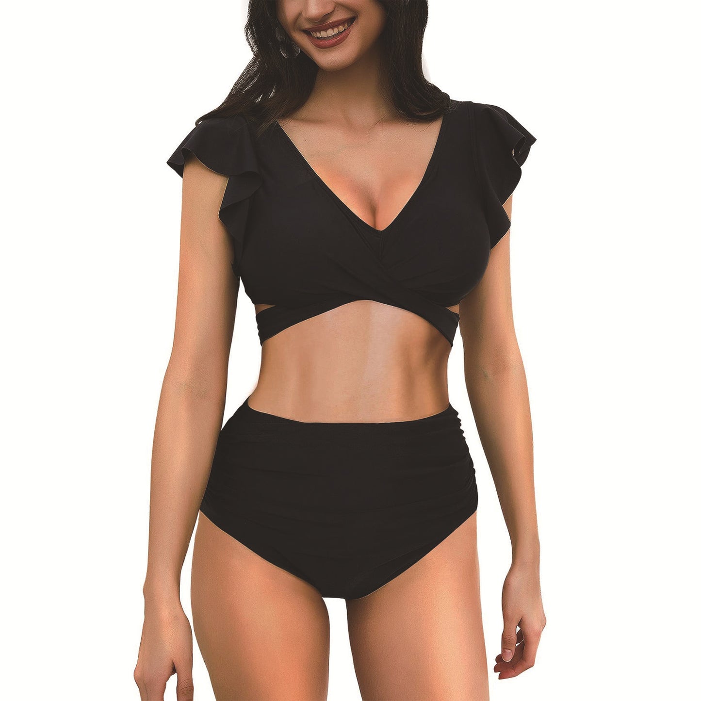 Women's Flounced Cross Design High Waist Sleeveless Bikini Suit