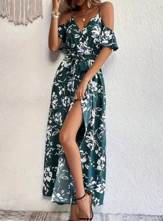 Flower Print Split Suspender Dress With Lace-up Design Summer Fashion Long Dresses Beach Clothing For Women AuraRitmo