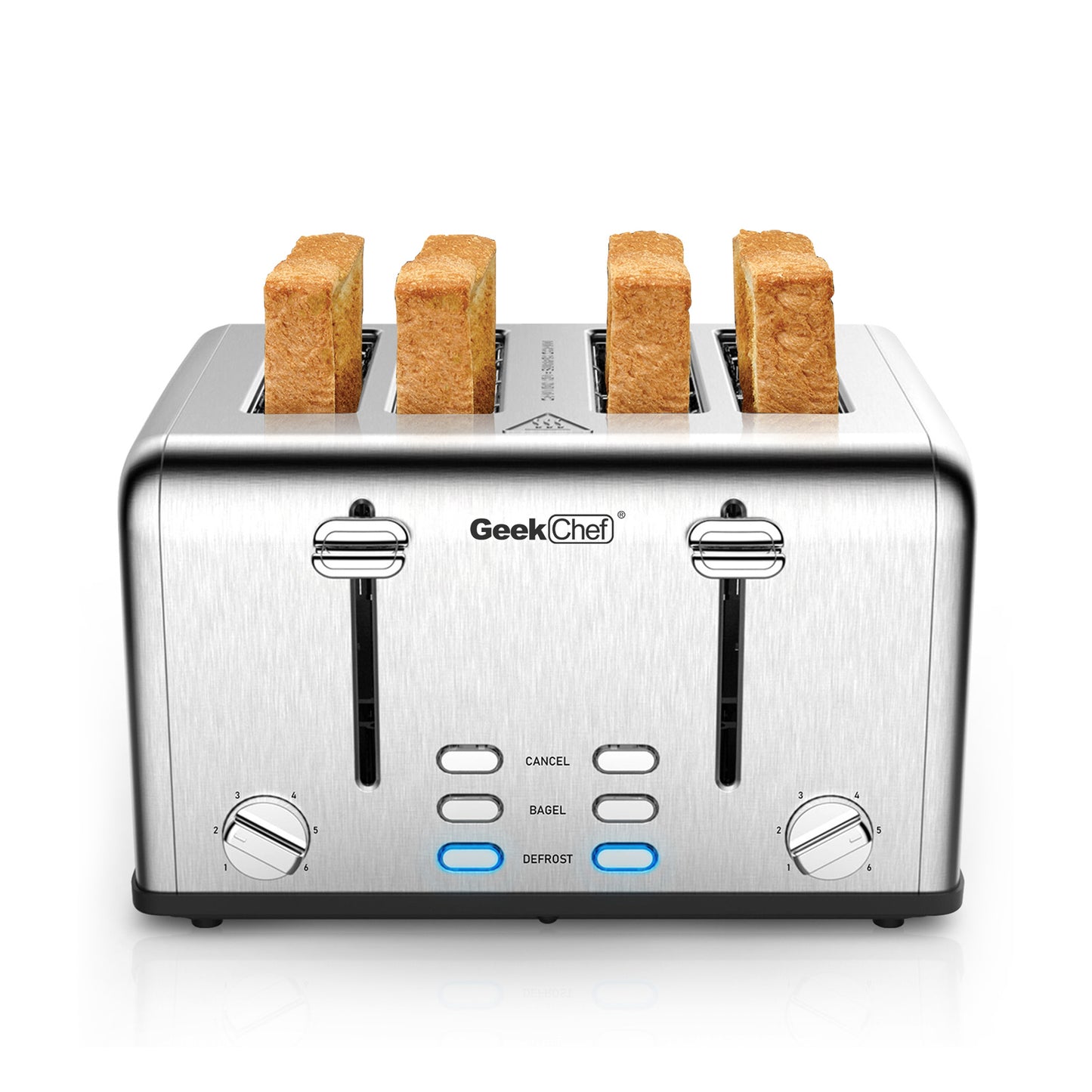Toaster 4 Slice, Geek Chef Stainless Steel Extra-Wide Slot Toaster With Dual Control Panels Of Bagel,Defrost,Cancel Function