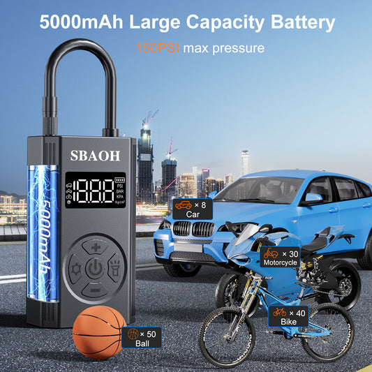 Wireless Tire Inflator Pumps Portable Air Compressor,5000mAh 150PSI Air Pumps USB-C LED Multitool Inflator For Moto Bike Car Tyre Balls