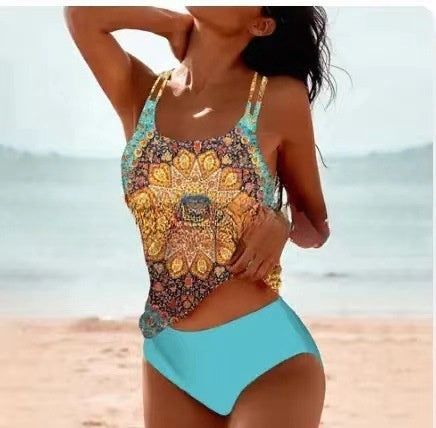 Retro Split High Waist Bikini Beach Print Strap Swimsuit