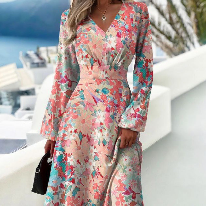 Women's Fashionable Printed V-neck Long Sleeved Dress