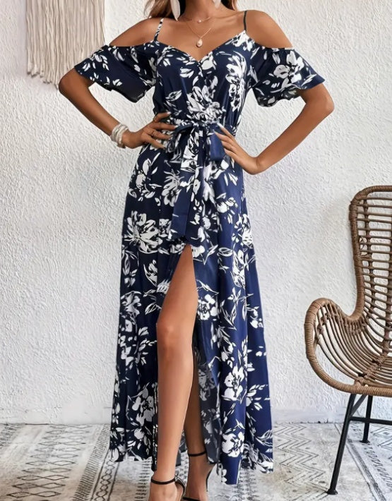 Flower Print Split Suspender Dress With Lace-up Design Summer Fashion Long Dresses Beach Clothing For Women AuraRitmo