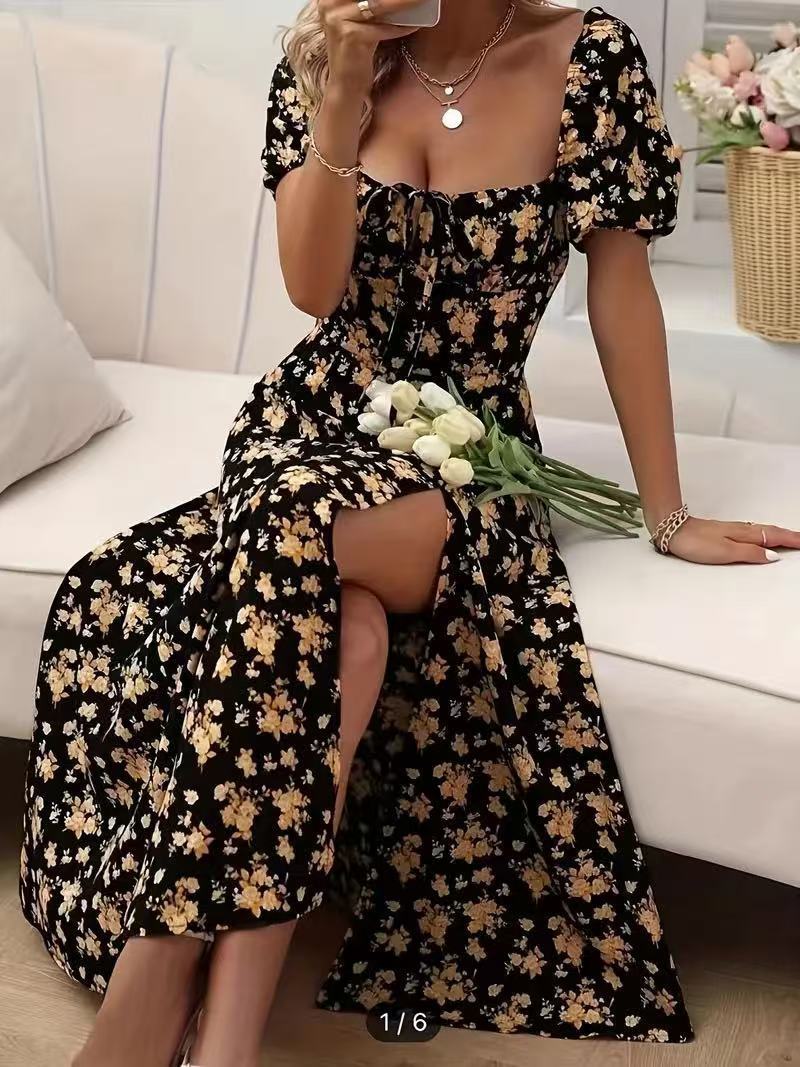 Floral Print Short Sleeve Split Dress Summer Fashion Lace-up Beach Long Dresses Women's Clothing AuraRitmo