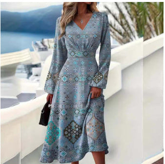 Women's Fashionable Printed V-neck Long Sleeved Dress