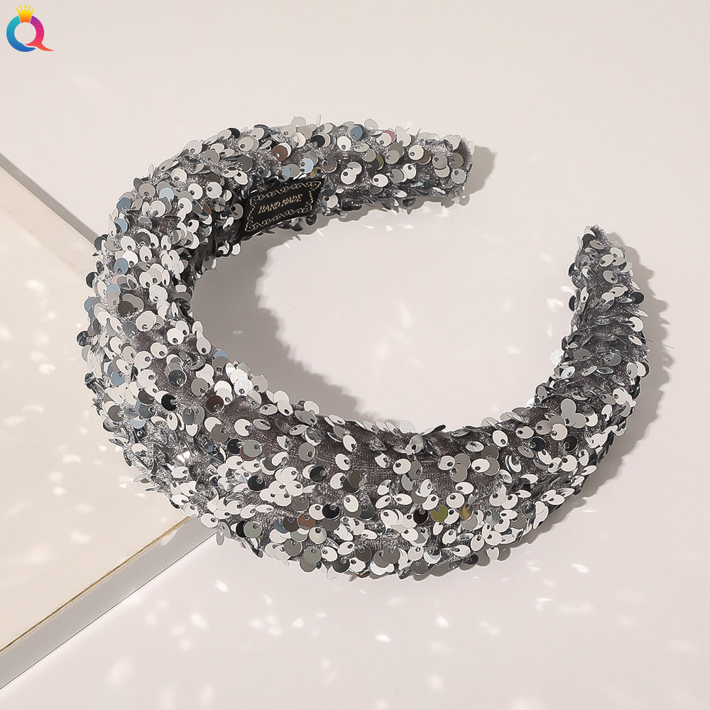 Qiyue Cross Border Amazon Fish Scales Sequins Sponge Hair Band Ball Show Fashion Wide Edge Headband Hair Accessories For Women