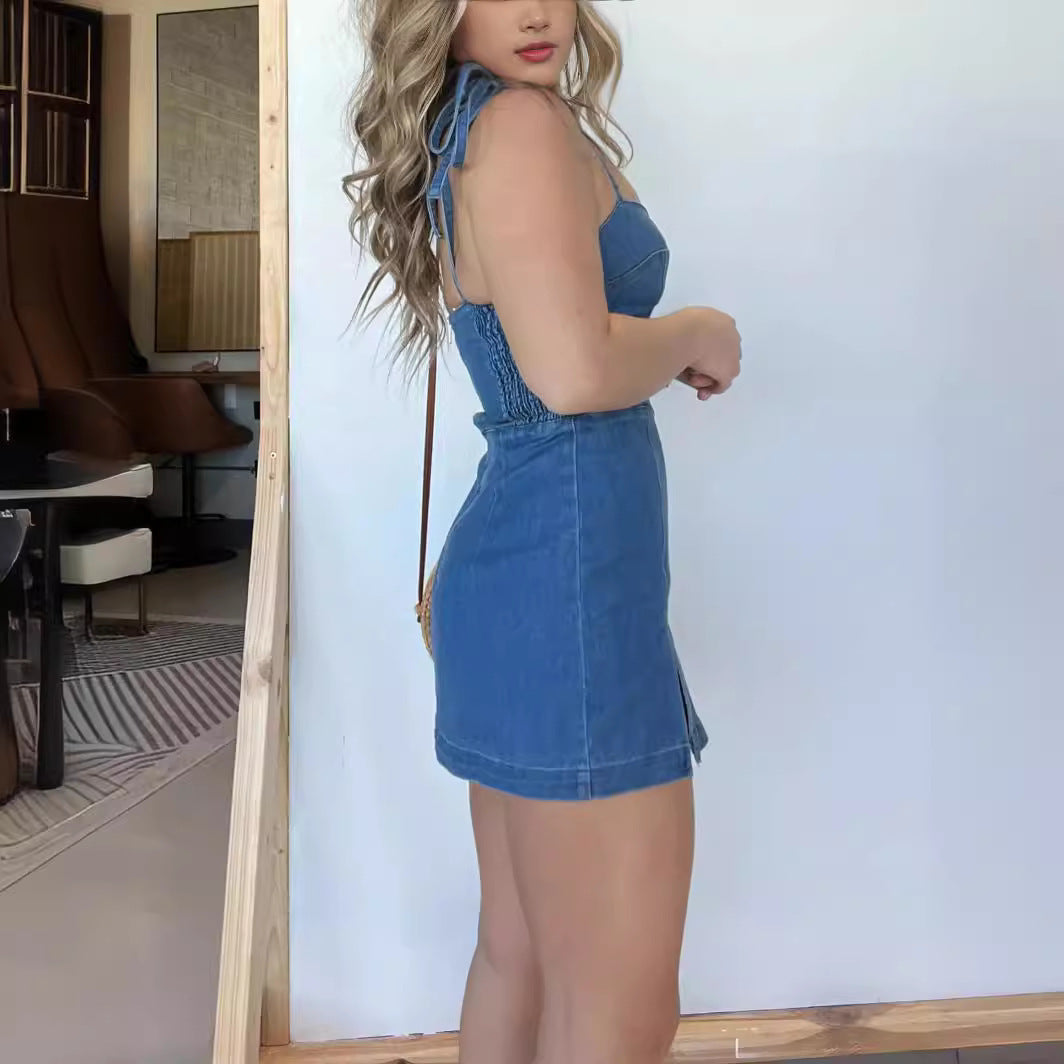 Square Neck Suspender Split Denim Dress With Back Zipper Design Summer Fashion Slim Sling Short Dresses For Women AuraRitmo