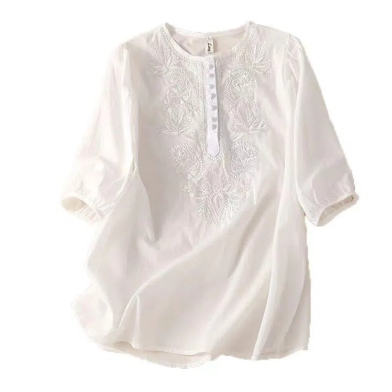 Vintage Loose Design Embroidered Crew Neck Women's Top