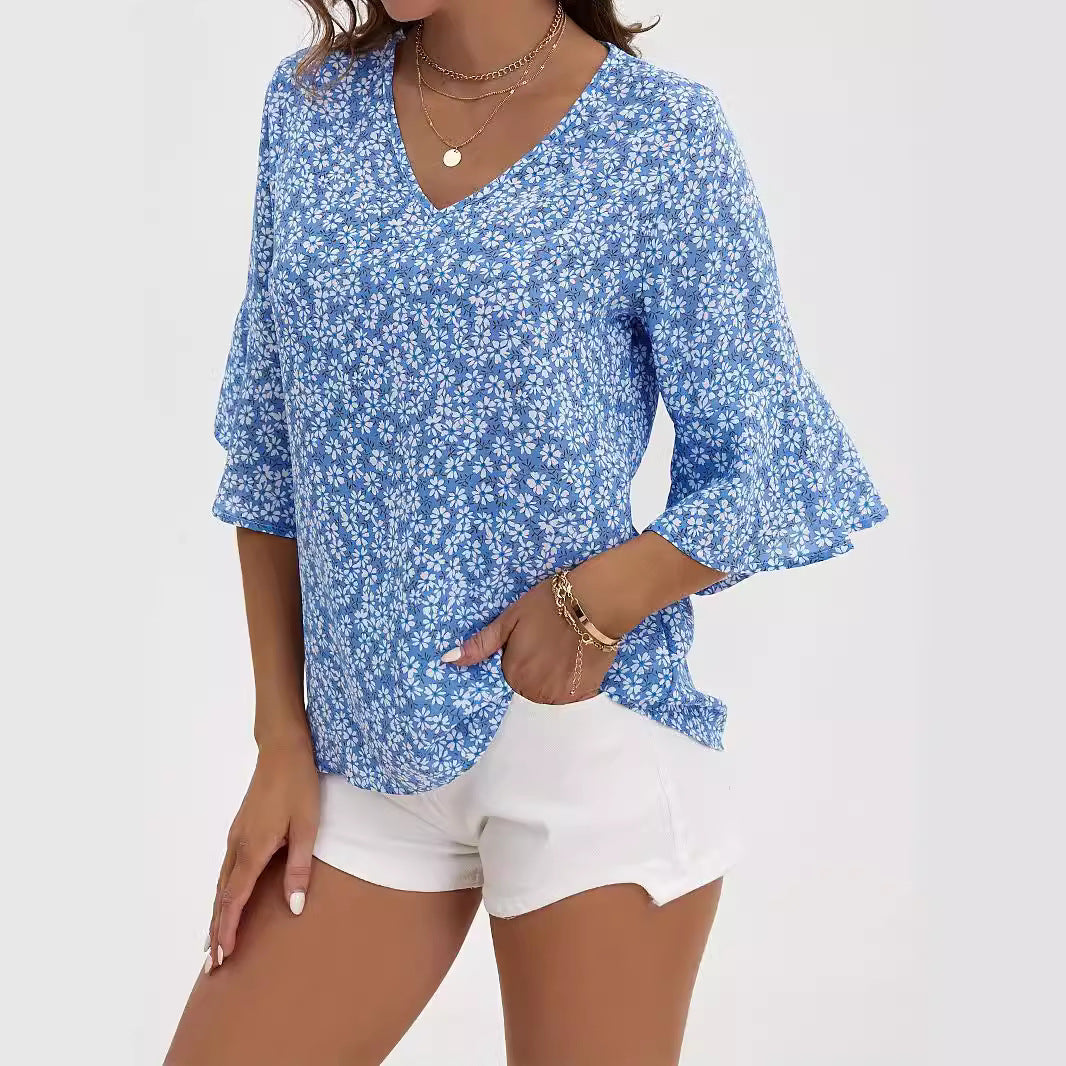 V-neck Chiffon Bell Sleeve Loose Short-sleeved Shirt