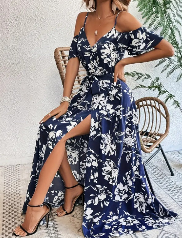 Flower Print Split Suspender Dress With Lace-up Design Summer Fashion Long Dresses Beach Clothing For Women AuraRitmo